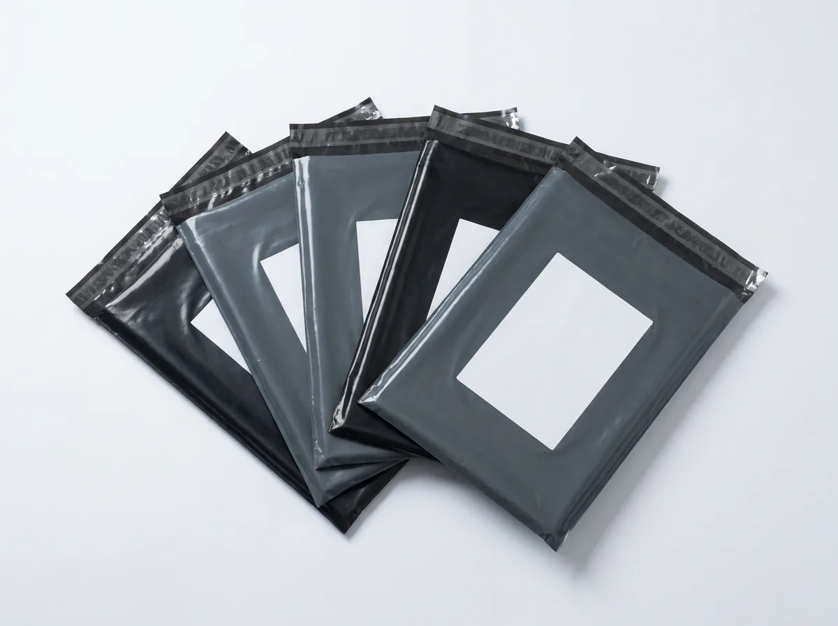 A fan of charcoal grey and black poly courier mailer bags with blank shipping label panels