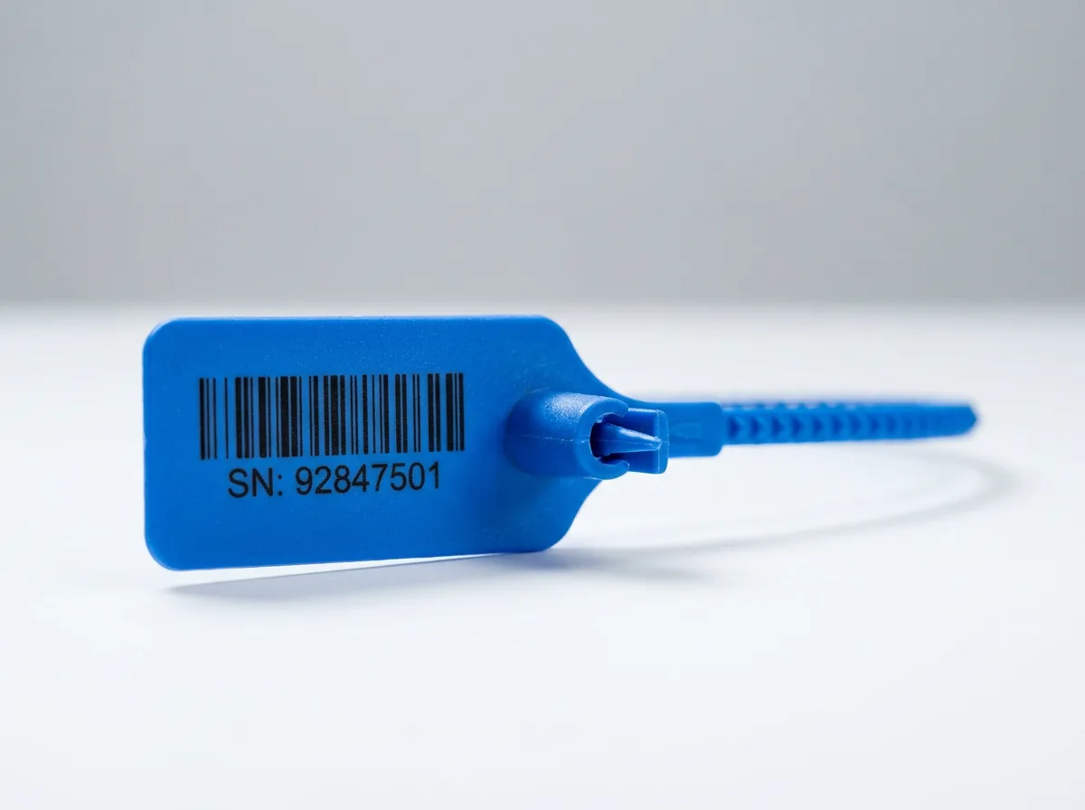 A blue pull-tight security seal tag, its printed head showing a barcode and serial number