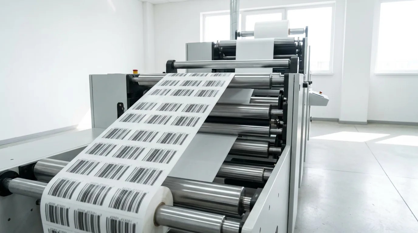A label press running a web of white label stock over polished steel rollers