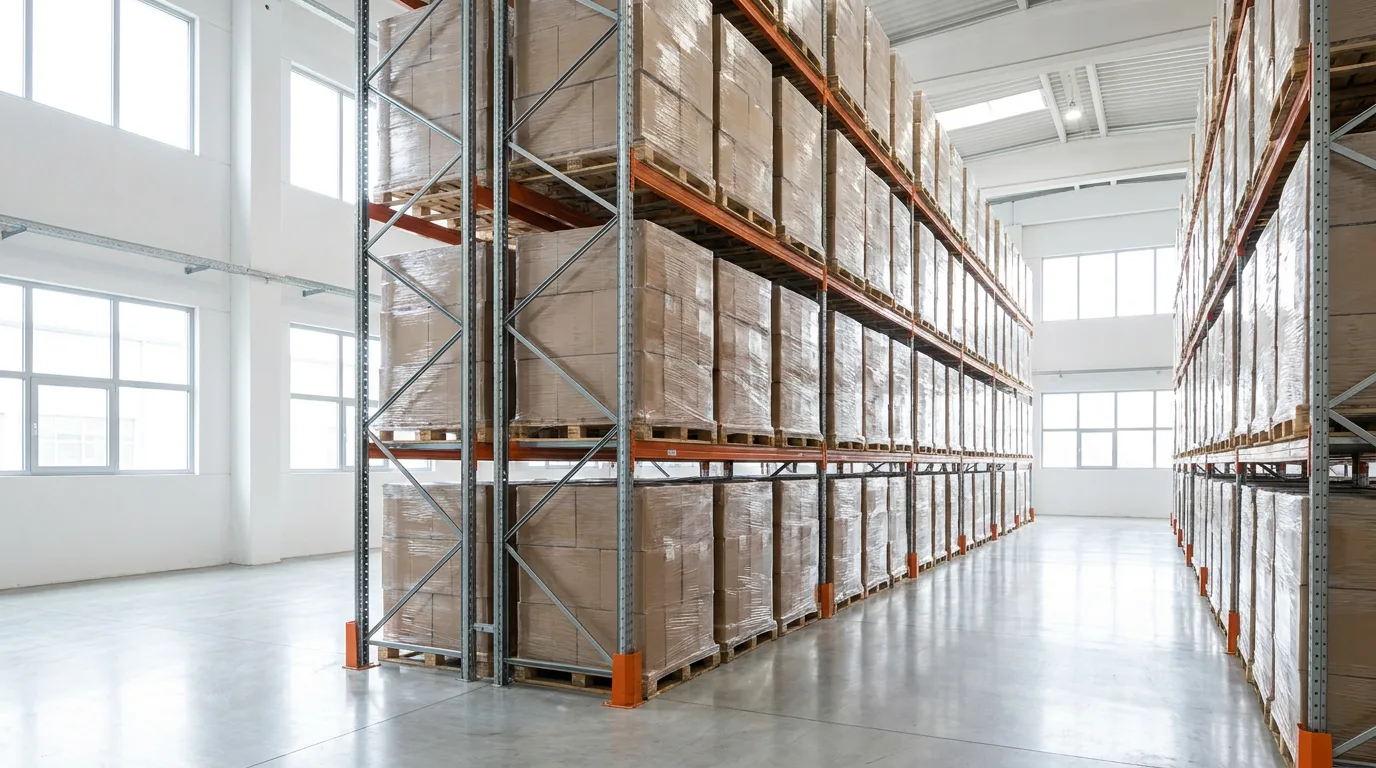 A warehouse aisle with steel racking stacked with shrink-wrapped pallets of cartons