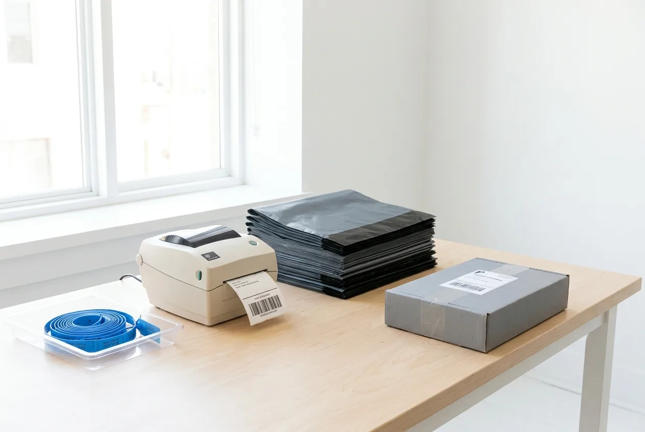 A packing bench in a darkened fulfilment room, with a thermal label printer, flat poly mailers, and a tray of seal tags