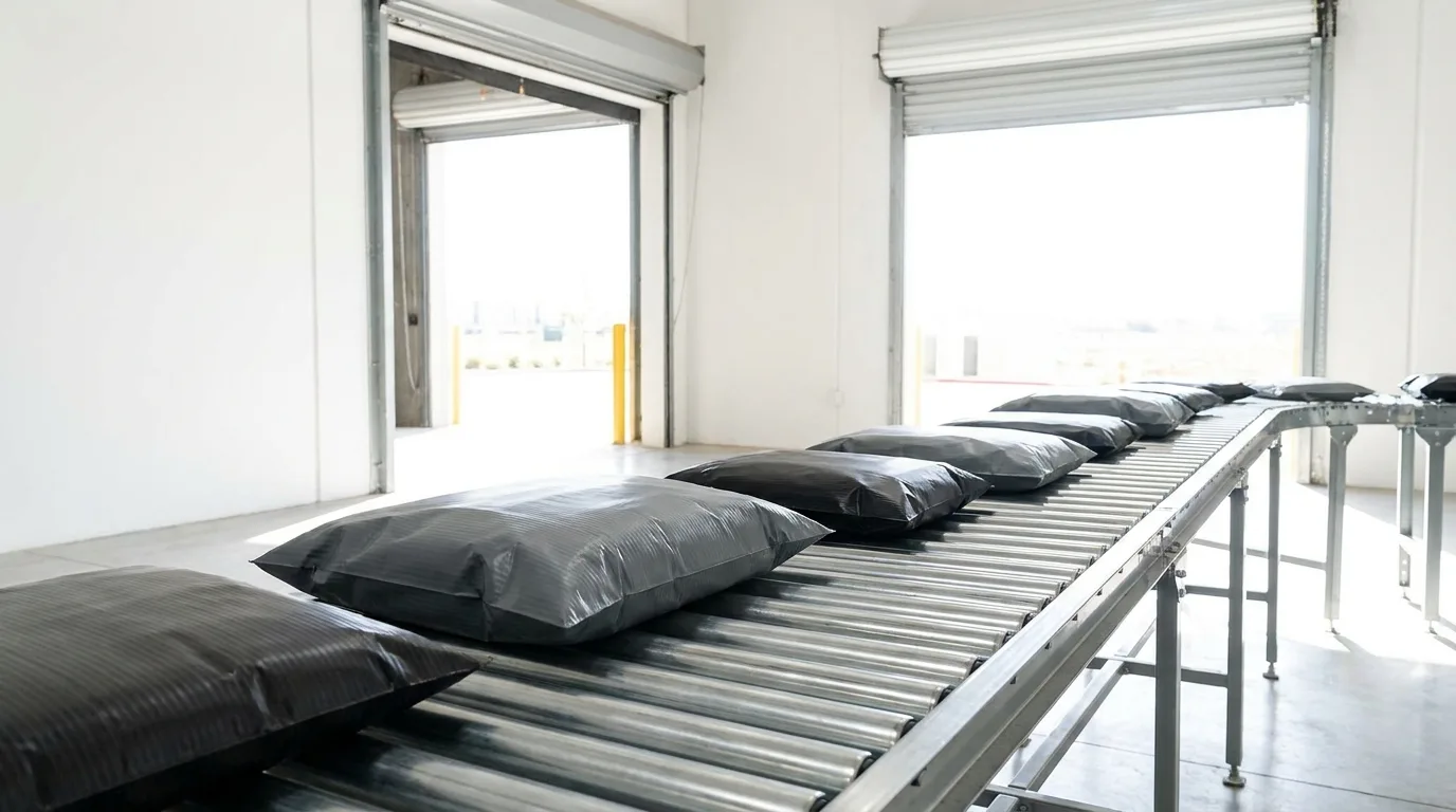 Grey and black poly parcels on a roller conveyor heading toward an open loading dock